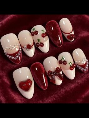 10 Count Red Cherry & Heart 3D Gel Press-On Nails